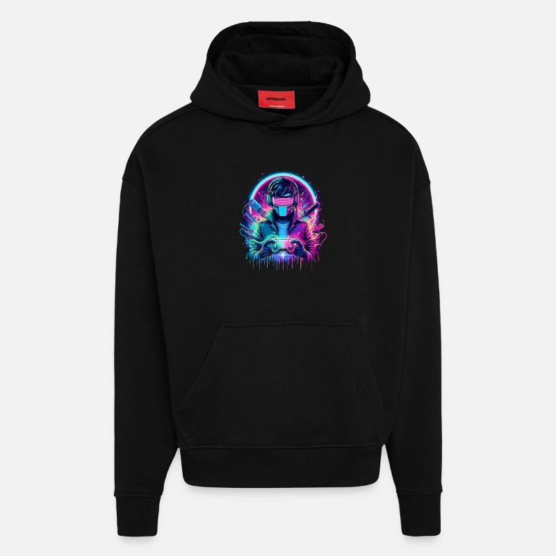 Neon Cyber Controller - Retro Gaming Power - Hoodie- made by SPREAD  - SOLID BLACK
