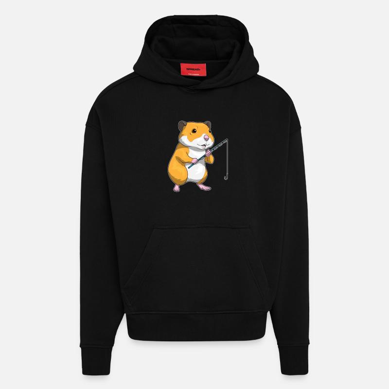 Hamster Pêcheur Ange Pêche - Sweat à capuche bio épais oversize fabriqué en UE - SOLID BLACK