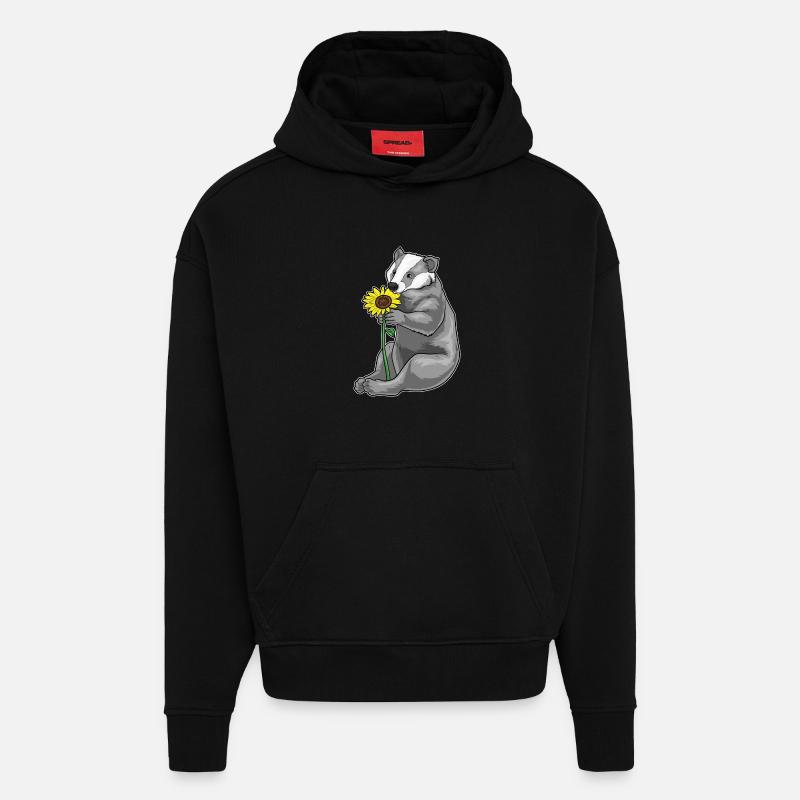 Blaireau Tournesol Fleurs - Sweat à capuche bio épais oversize fabriqué en UE - SOLID BLACK