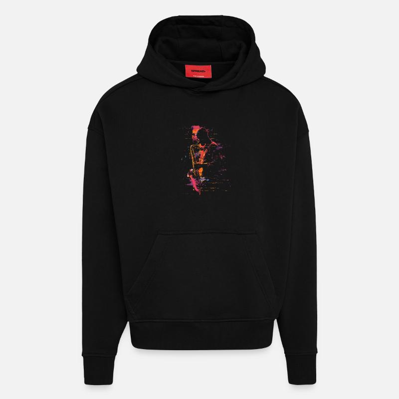 Saxophoniste Synthwave - Sweat à capuche bio épais oversize fabriqué en UE - SOLID BLACK