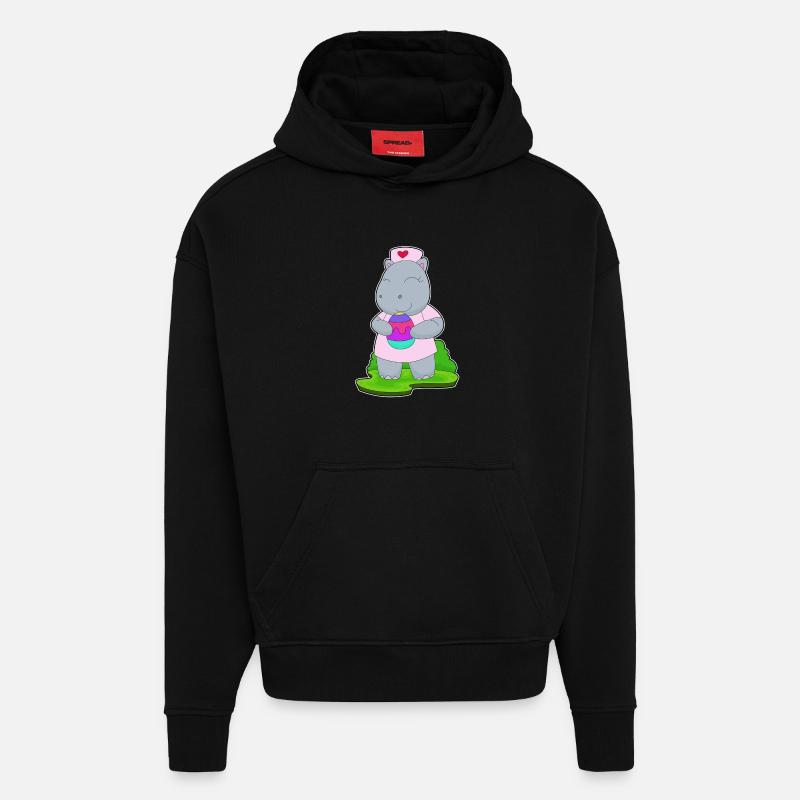 Hippopotame Infirmière de Pâques - Sweat à capuche bio épais oversize fabriqué en UE - SOLID BLACK