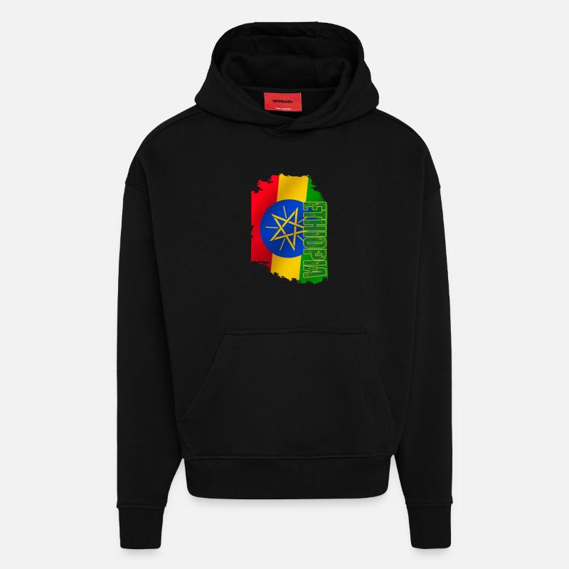 Drapeau de l’Éthiopie vertical, J’aime l’Éthiopie - Sweat à capuche bio épais oversize fabriqué en UE - SOLID BLACK