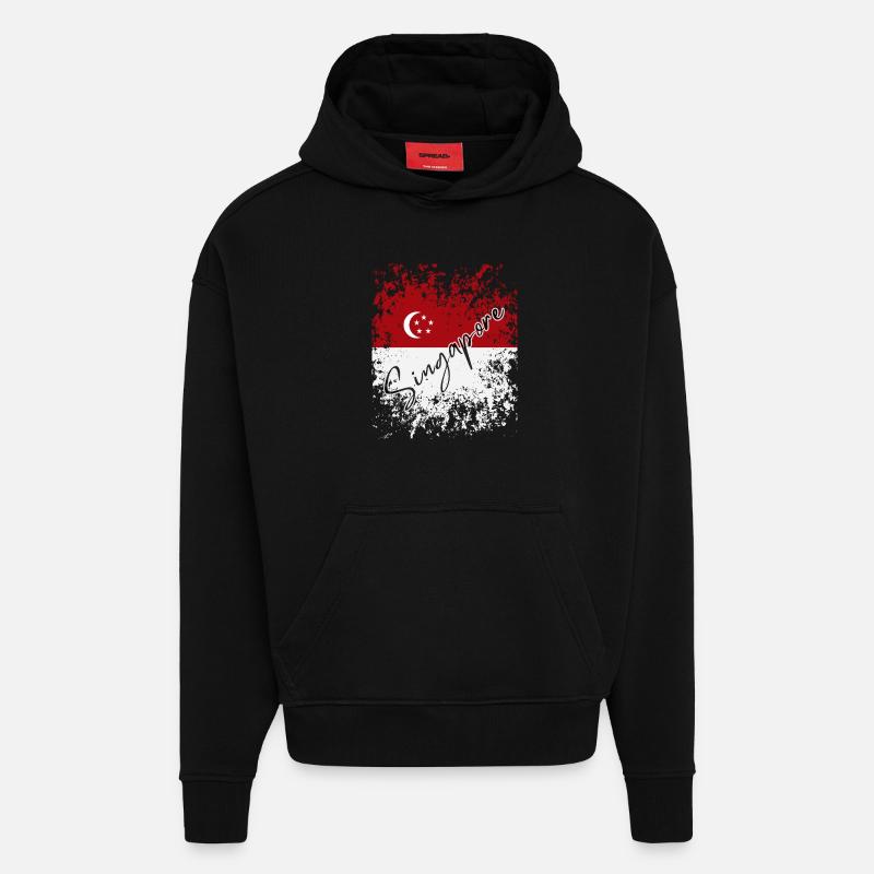 Grunge Drapeau de Singapour, j’aime Singapour - Sweat à capuche bio épais oversize fabriqué en UE - SOLID BLACK