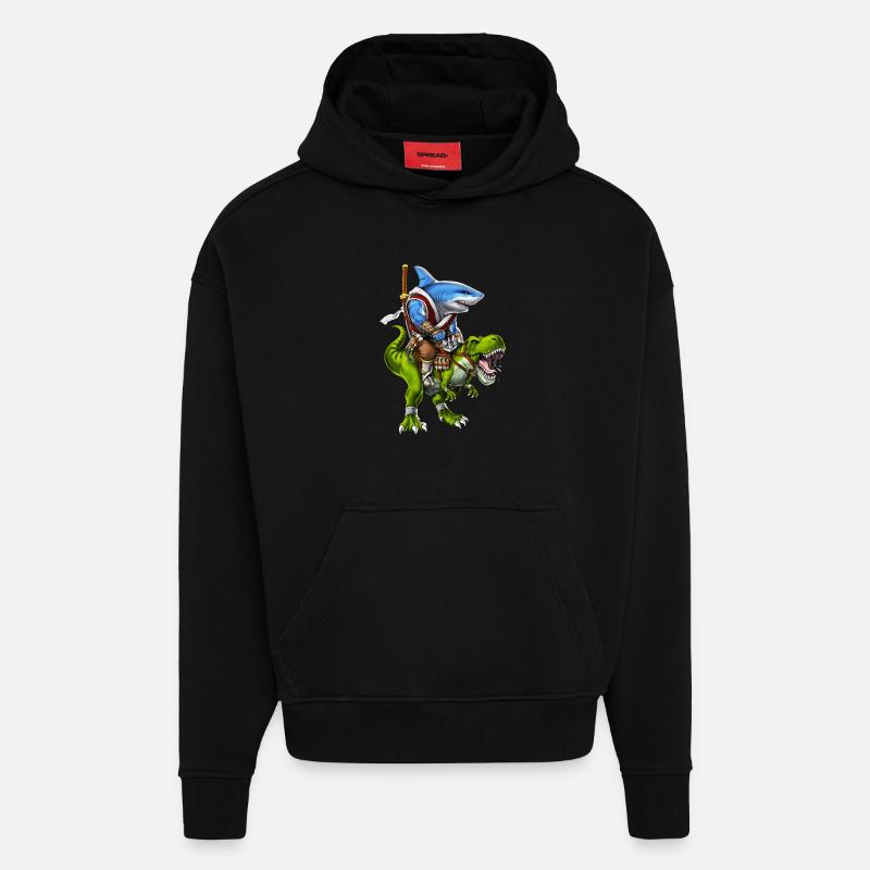 Requin samouraï chevauchant un dinosaure T-Rex - Sweat à capuche bio épais oversize fabriqué en UE - SOLID BLACK