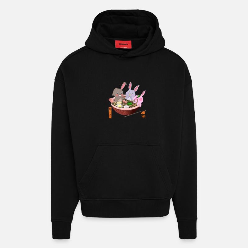 Lapins Kawaii mangeant des ramen - Sweat à capuche bio épais oversize fabriqué en UE - SOLID BLACK