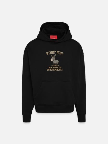 Humoristisk æseldesign med ordsprog Stædig? Jeg? - Heavyweight oversized organic hoodie made in EU - SOLID BLACK