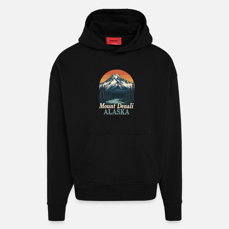 Mont Denali, Alaska, paysage rétro - Sweat à capuche bio épais oversize fabriqué en UE - SOLID BLACK