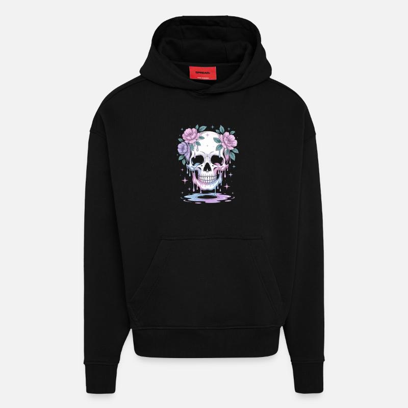Kawaii Pastel Goth Crâne Fleurs - Sweat à capuche bio épais oversize fabriqué en UE - SOLID BLACK