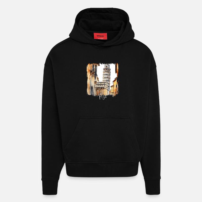 Aquarelle de Pise, Pise Italie - Sweat à capuche bio épais oversize fabriqué en UE - SOLID BLACK