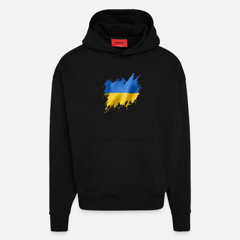 Drapeau de l’Ukraine, style déchiré - Sweat à capuche bio épais oversize fabriqué en UE - SOLID BLACK