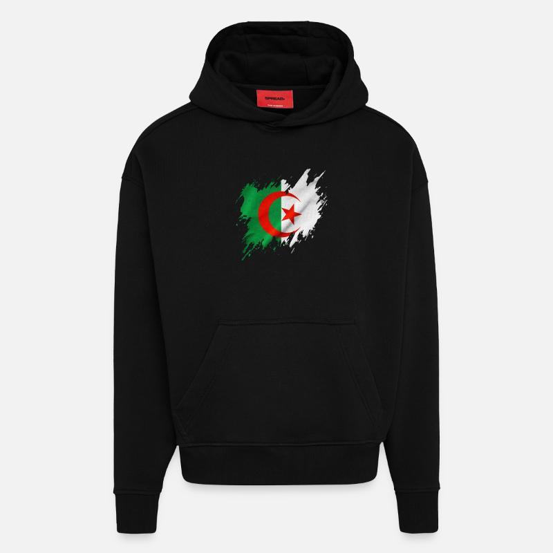 Algeria flag, torn style - Hoodie- made by SPREAD  - SOLID BLACK