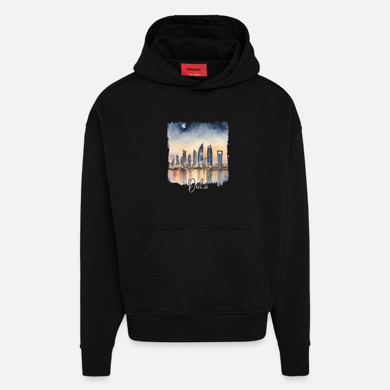 Aquarelle de Doha, Doha Qatar - Sweat à capuche bio épais oversize fabriqué en UE - SOLID BLACK