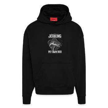 Immer mit meiner Rute zucken, komisches Angeln - Hoodie- made by SPREAD  - SOLID BLACK - Vorne