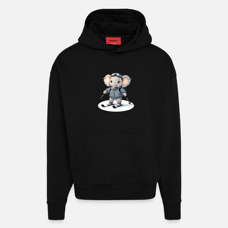 Sweat à capuche éléphant skiant - Sweat à capuche bio épais oversize fabriqué en UE - SOLID BLACK