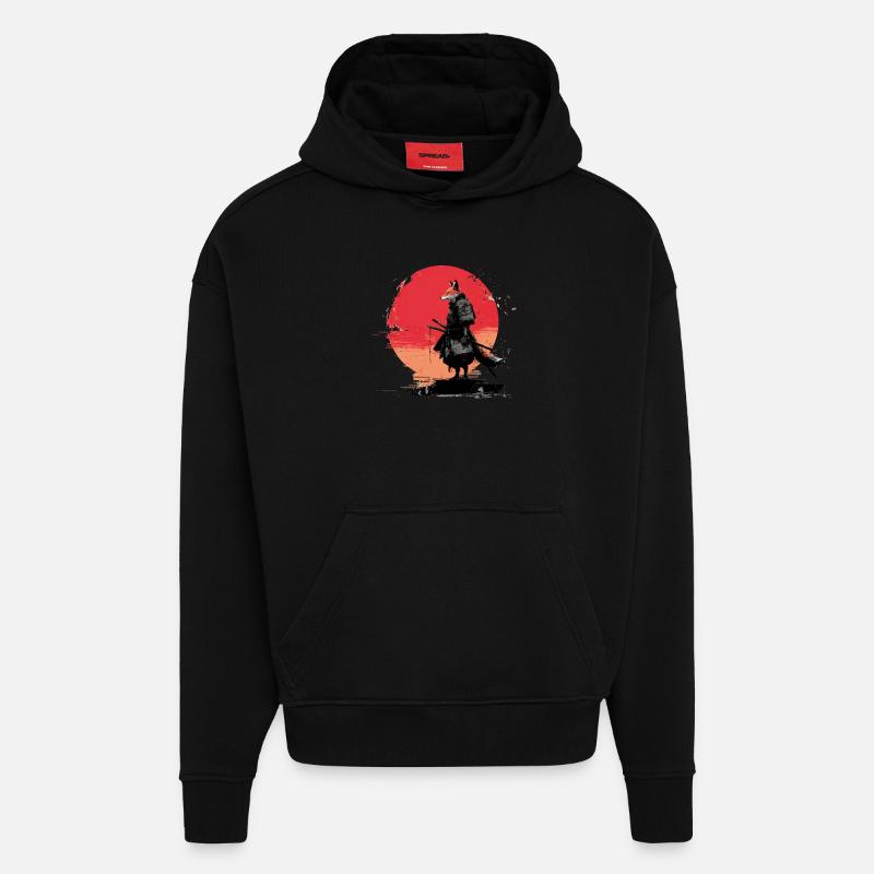 Fox Samurai au coucher du soleil - Sweat à capuche bio épais oversize fabriqué en UE - SOLID BLACK