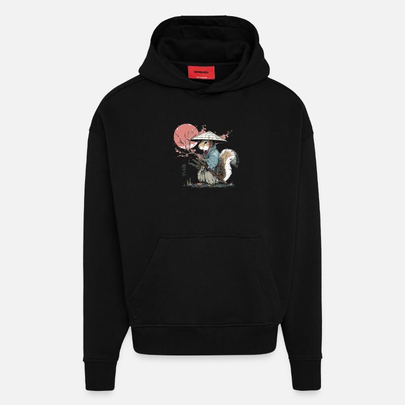 Samouraï Écureuil en Robe de Sakura - Sweat à capuche bio épais oversize fabriqué en UE - SOLID BLACK