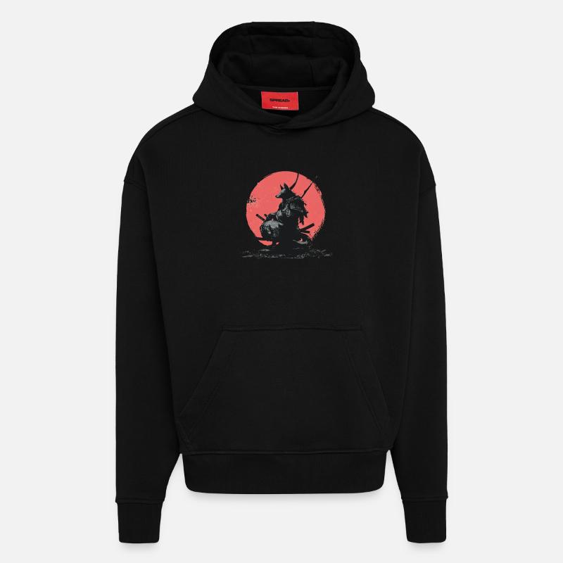 Wolf Samurai on Red Sun - Hoodie- made by SPREAD  - SOLID BLACK