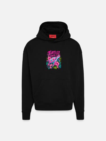 Turtley Over It Cute Turtle Flower - Hoodie- made by SPREAD  - SOLID BLACK