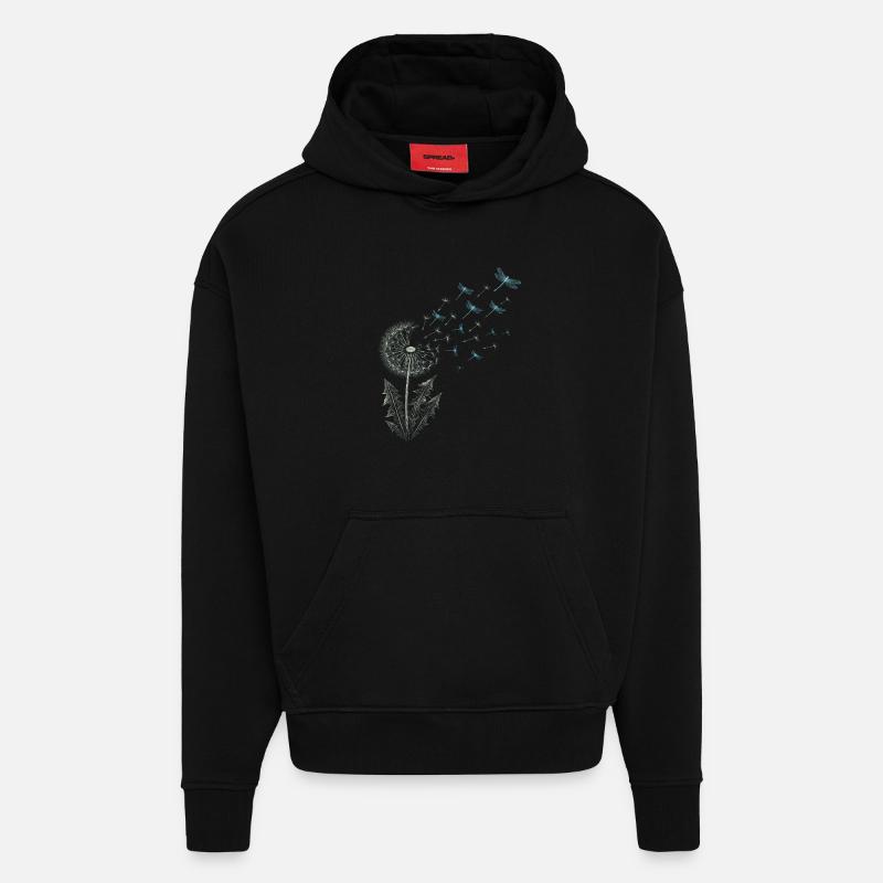 Pissenlit avec libellules - Sweat à capuche bio épais oversize fabriqué en UE - SOLID BLACK