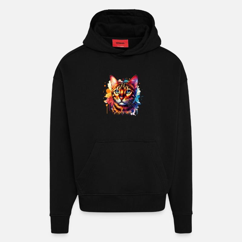 Motif du chat du Bengale - Sweat à capuche bio épais oversize fabriqué en UE - SOLID BLACK