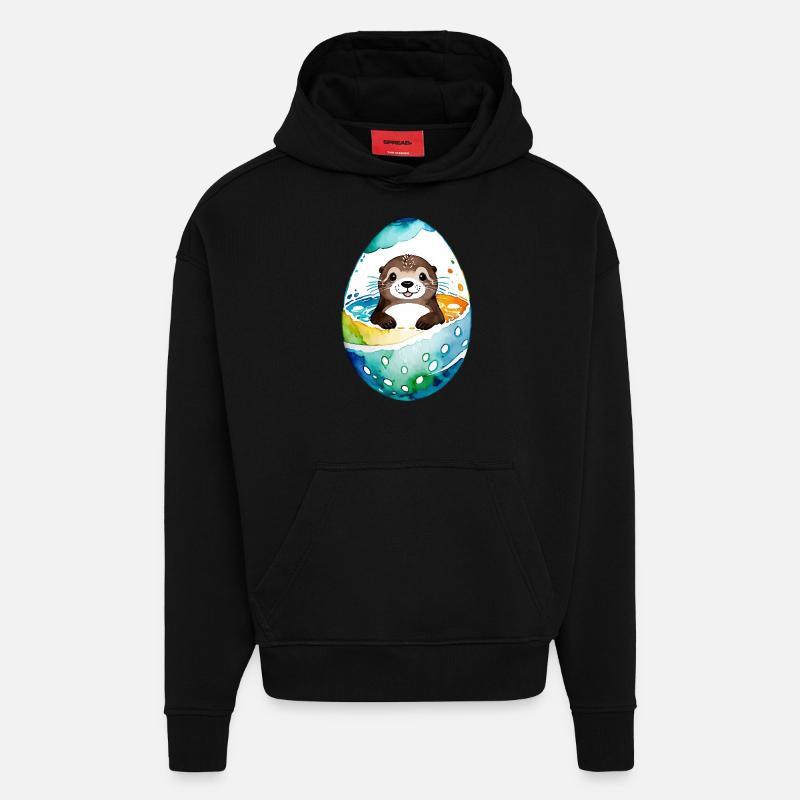 Loutre Aquarelle de Pâques - Sweat à capuche bio épais oversize fabriqué en UE - SOLID BLACK