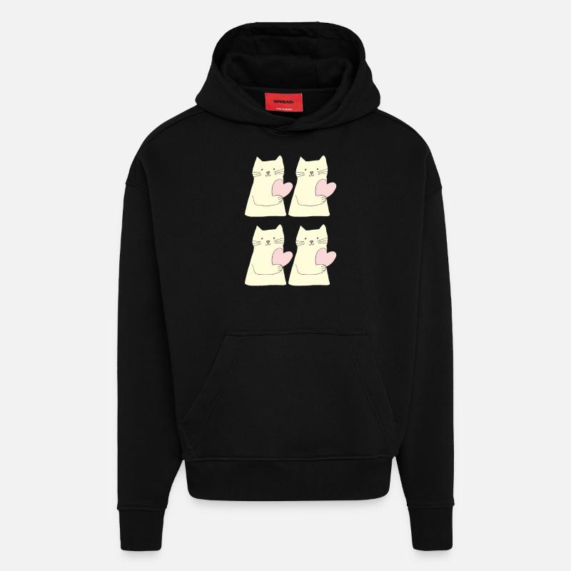 Chat 4 fois coeur - Sweat à capuche bio épais oversize fabriqué en UE - SOLID BLACK