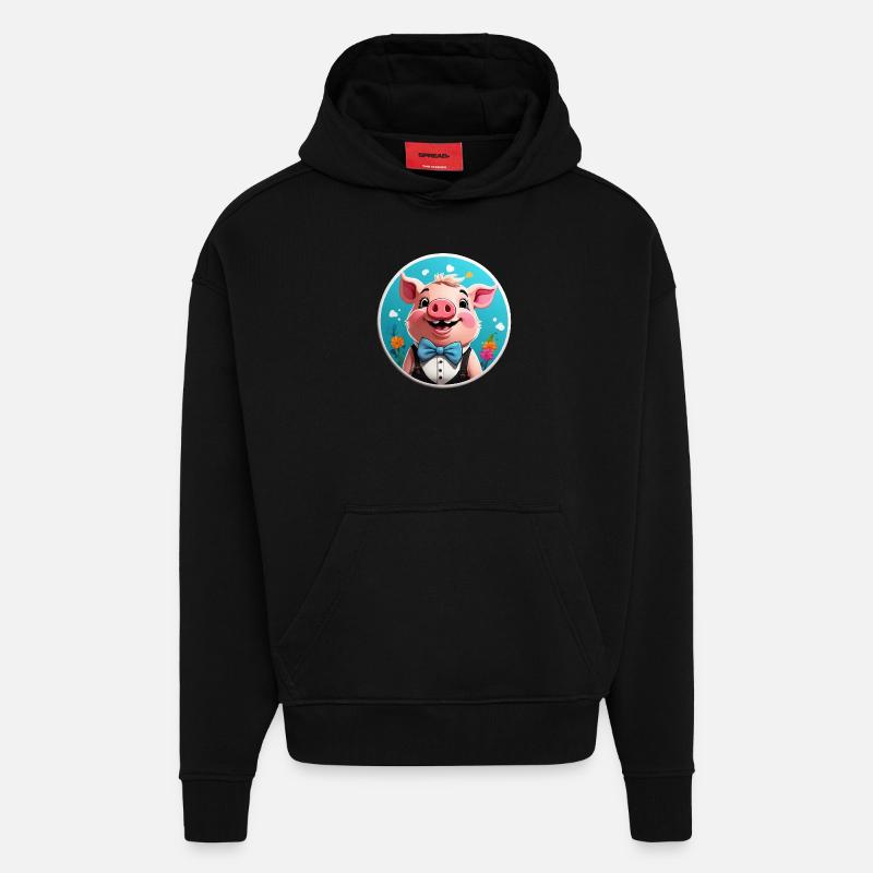 Bande dessinée cochon drôle - Sweat à capuche bio épais oversize fabriqué en UE - SOLID BLACK