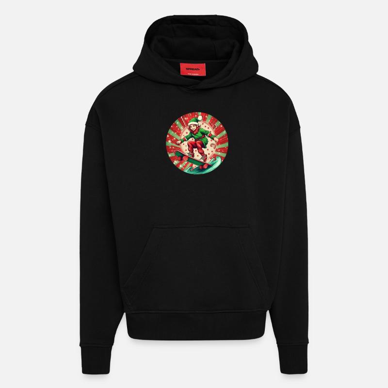 Elfe de Noël Skateboard - Sweat à capuche bio épais oversize fabriqué en UE - SOLID BLACK