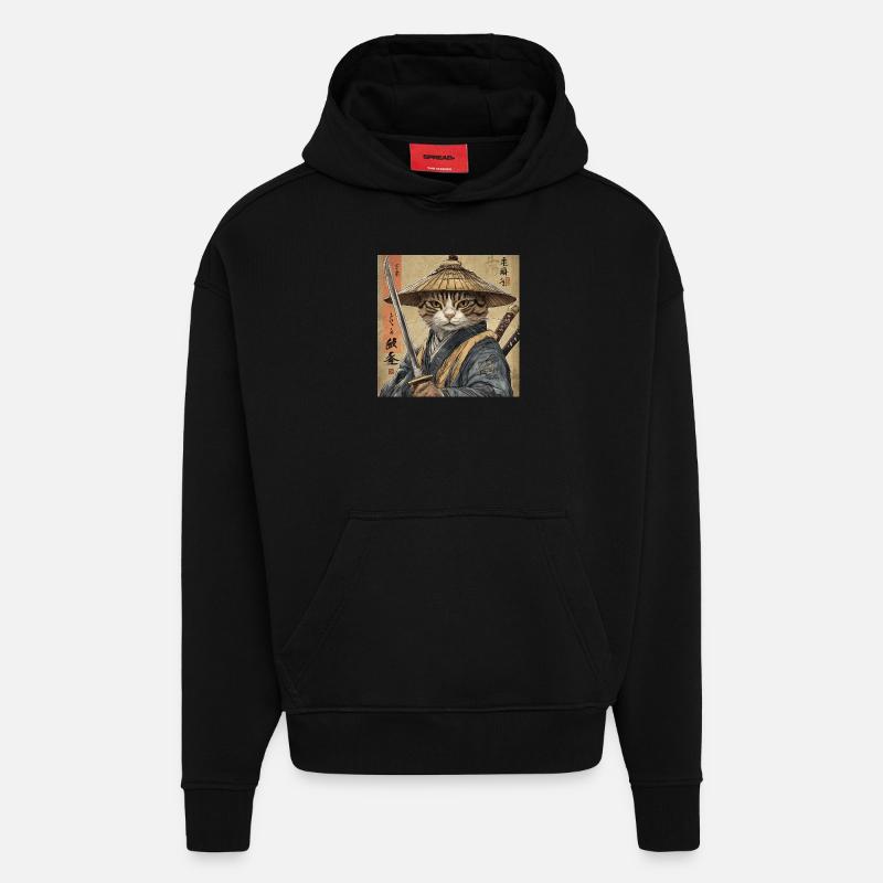 Chat Samouraï Japon Ukiyo-E - Sweat à capuche bio épais oversize fabriqué en UE - SOLID BLACK