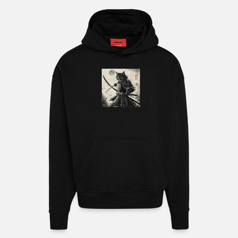 Chat Samouraï Japon Ukiyo-E - Sweat à capuche bio épais oversize fabriqué en UE - SOLID BLACK