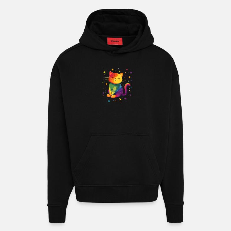 Chat arc-en-ciel mignon - Sweat à capuche bio épais oversize fabriqué en UE - SOLID BLACK