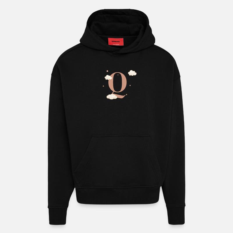 Lettre q nuages étoiles - Sweat à capuche bio épais oversize fabriqué en UE - SOLID BLACK