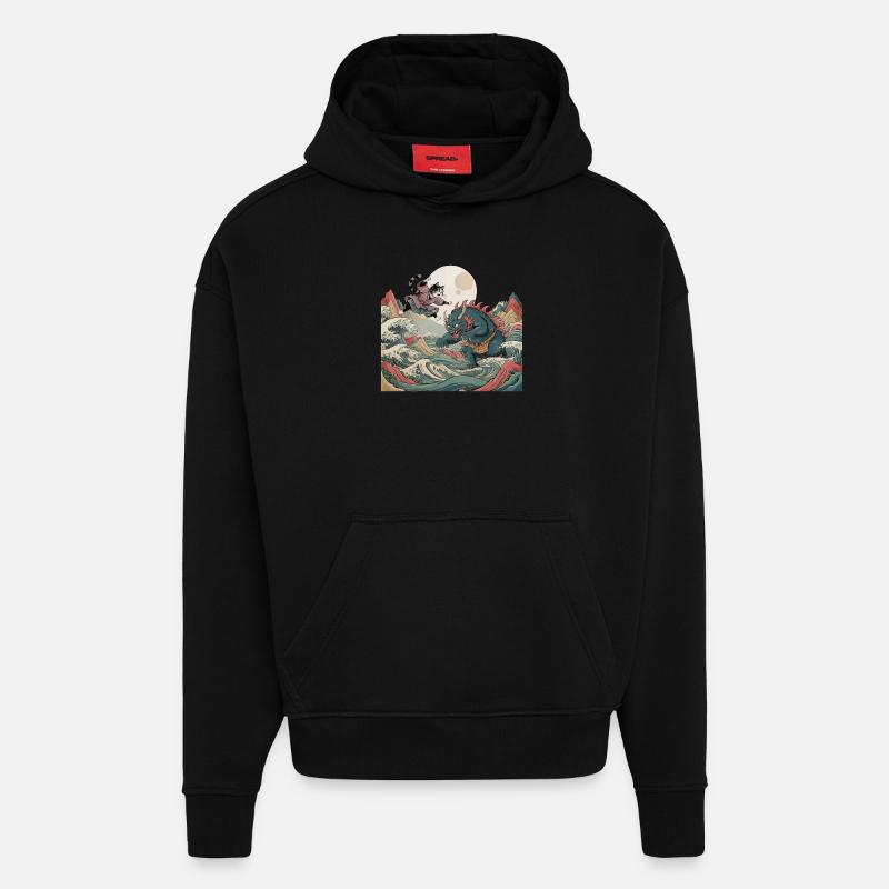 Chat samouraï - Sweat à capuche bio épais oversize fabriqué en UE - SOLID BLACK