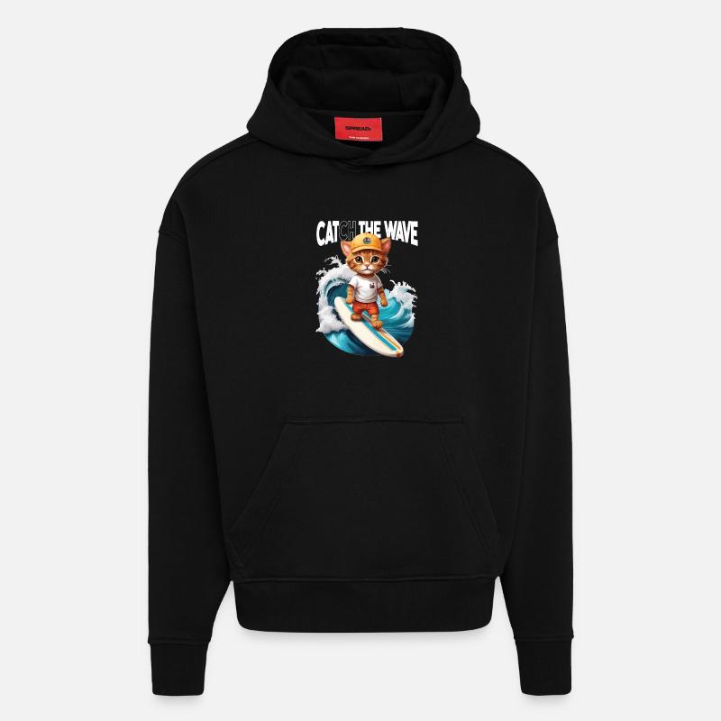 Chat Surfeur Attrape la Vague - Sweat à capuche bio épais oversize fabriqué en UE - SOLID BLACK