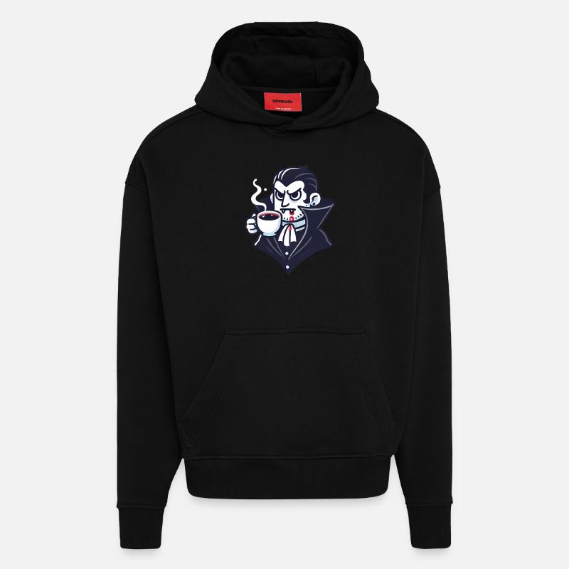 Dracula Coffee Time Cartoon Design - Sweat à capuche bio épais oversize fabriqué en UE - SOLID BLACK