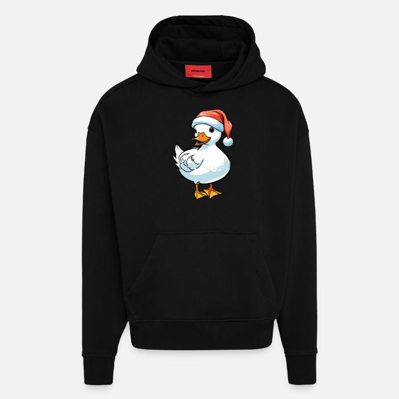 Dessin de Noël de canard - Sweat à capuche bio épais oversize fabriqué en UE - SOLID BLACK