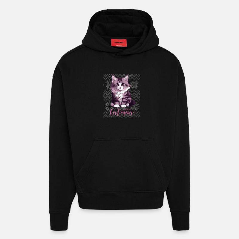 Chaton mauve Noël Catmas - Sweat à capuche bio épais oversize fabriqué en UE - SOLID BLACK