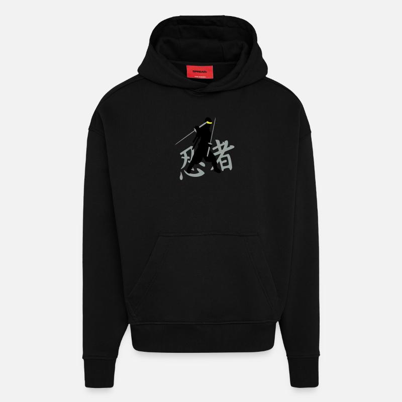 ninja kanji (A, 3c) - Sweat à capuche bio épais oversize fabriqué en UE - SOLID BLACK