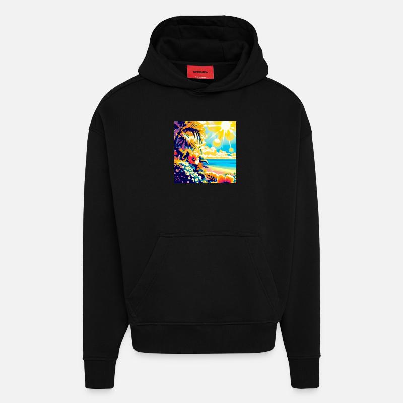 Plage tropicale rétro et soleil - Sweat à capuche bio épais oversize fabriqué en UE - SOLID BLACK