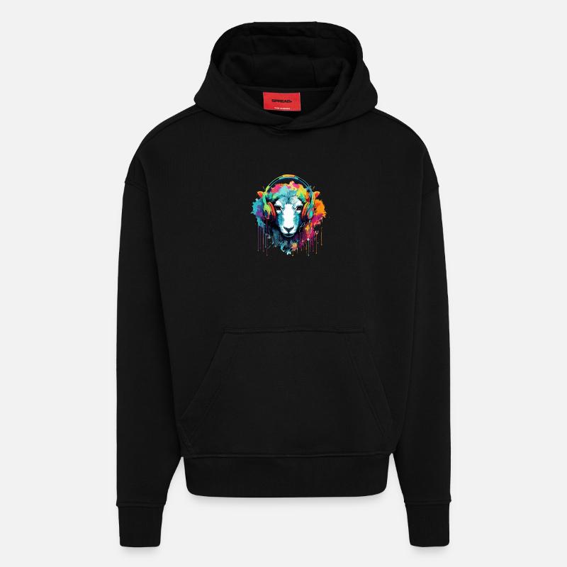Moutons avec écouteurs Moutons animaux - Sweat à capuche bio épais oversize fabriqué en UE - SOLID BLACK