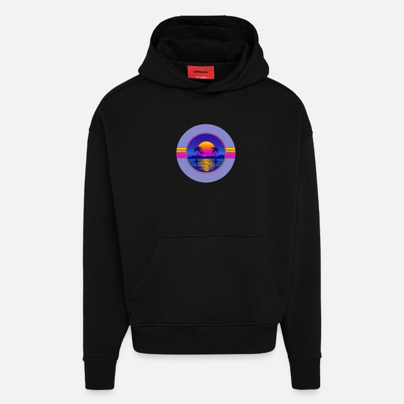 Sunset Neon Palms Circle - Sweat à capuche bio épais oversize fabriqué en UE - SOLID BLACK