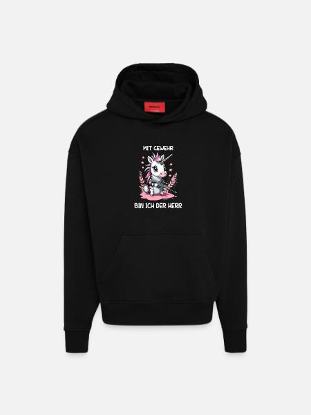 Einhorn mit Jagdgewehr - Hoodie- made by SPREAD  - SOLID BLACK