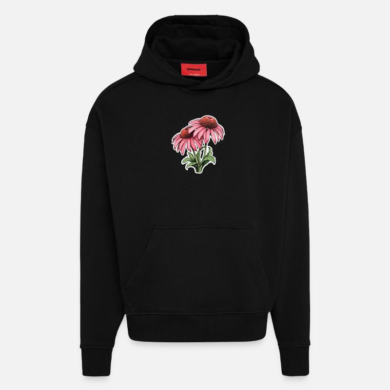 Échinacée 2 Fleurs - Sweat à capuche bio épais oversize fabriqué en UE - SOLID BLACK