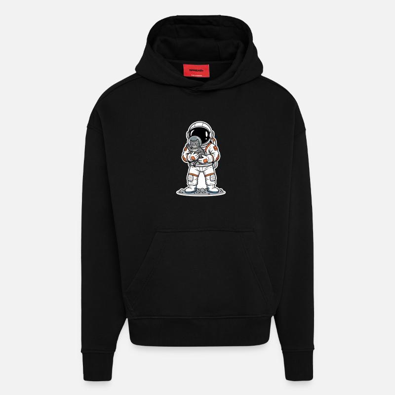 Chat Gris Astronaute Espace Câlin Mignon - Sweat à capuche bio épais oversize fabriqué en UE - SOLID BLACK