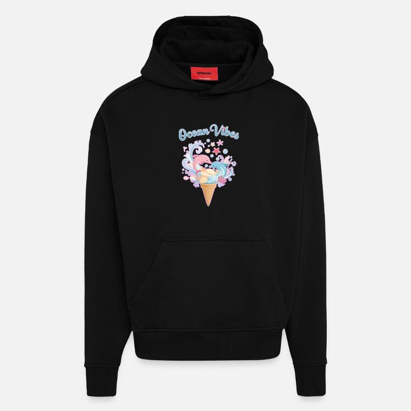 Motif Glace et Dauphins 🍦🐬🐬 - Sweat à capuche bio épais oversize fabriqué en UE - SOLID BLACK