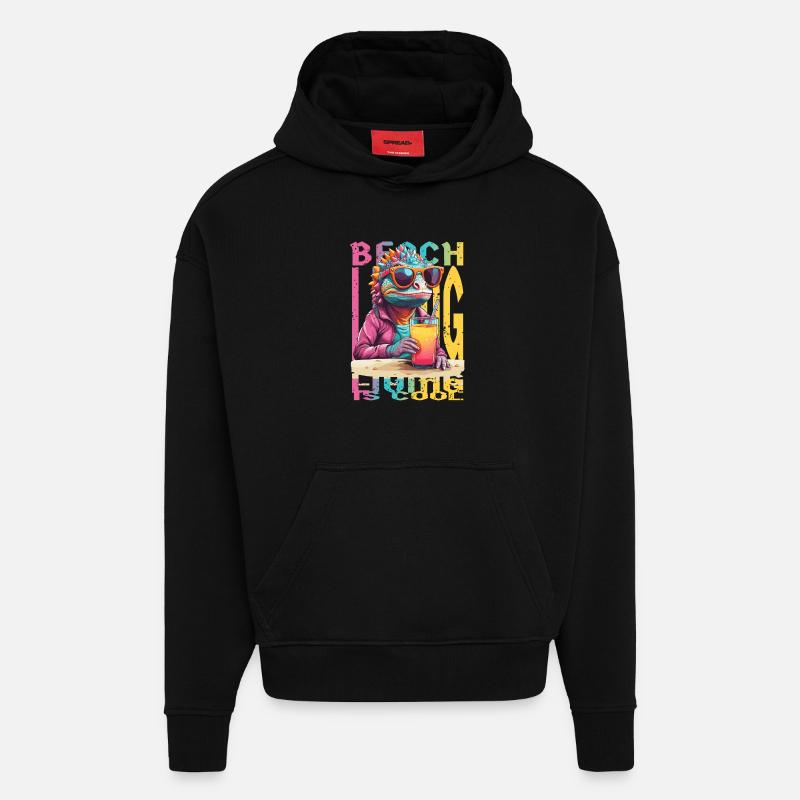 Caméléon sur la plage - Sweat à capuche bio épais oversize fabriqué en UE - SOLID BLACK