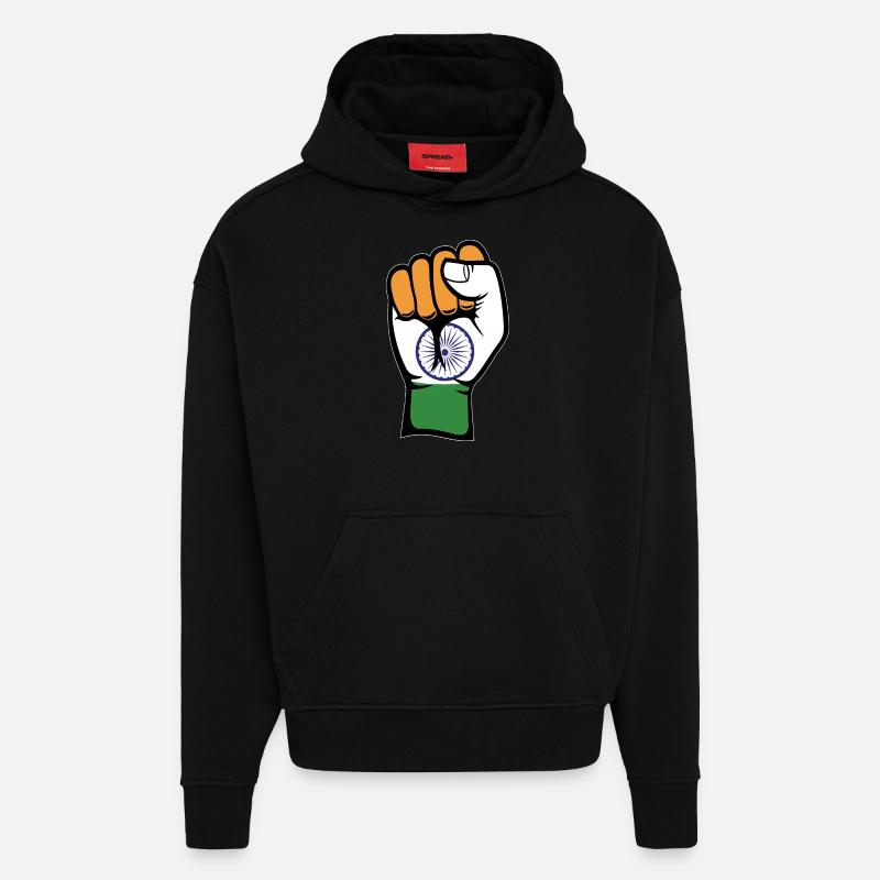 Poing du drapeau de l’Inde - Sweat à capuche bio épais oversize fabriqué en UE - SOLID BLACK