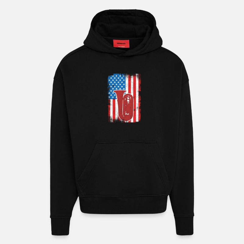 Joueur de tuba U.S. Flag - Sweat à capuche bio épais oversize fabriqué en UE - SOLID BLACK