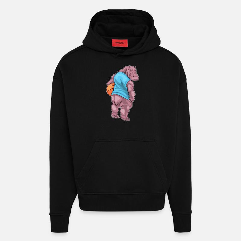 Hippopotame Basketteur Basketteur - Sweat à capuche bio épais oversize fabriqué en UE - SOLID BLACK