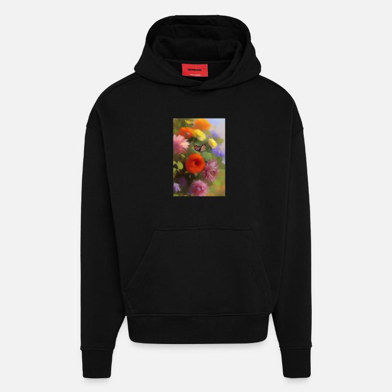 Fleurs et papillon - Sweat à capuche bio épais oversize fabriqué en UE - SOLID BLACK